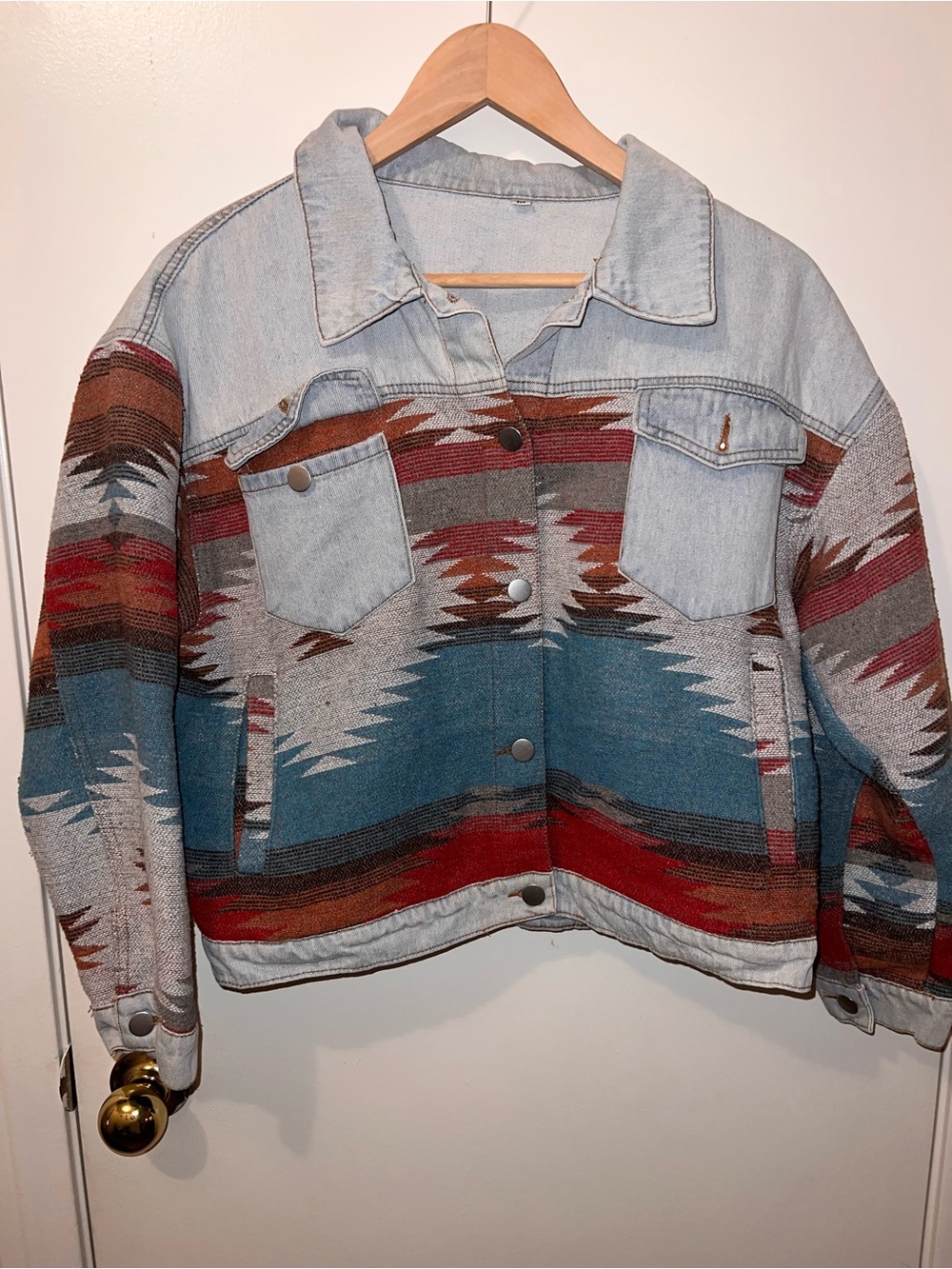 Women's Light Wash Denim Aztec Jacket with Teal & Red Pattern